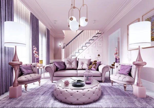 Modern Art Deco Living Room Lilac Color Fashionable Upholstered Furniture — Stock Photo, Image