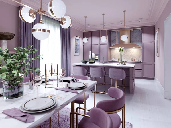 时尚厨房在时尚风格的紫丁香色家具和现代设计 3D渲染 — 图库照片