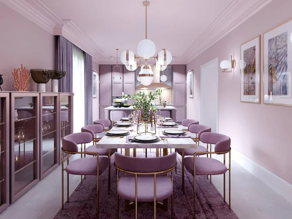 Lilac Color Dining Room Trendy Art Deco Style Modern Furniture — Stock Photo, Image