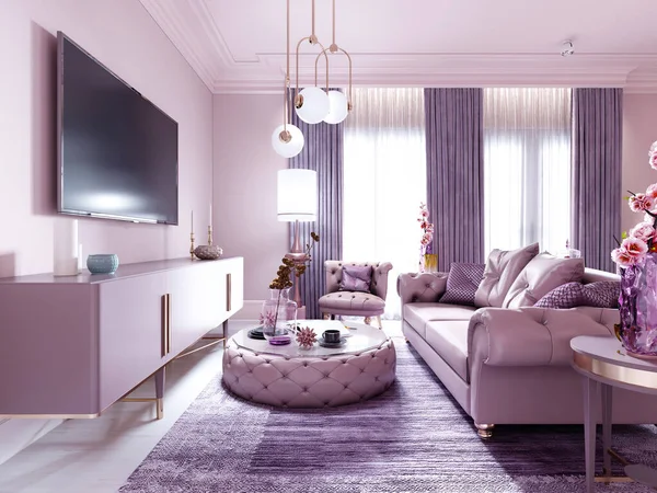 Modern art deco living room in lilac color with fashionable upholstered furniture, tv stand, console, magazine table with decor. 3D rendering.