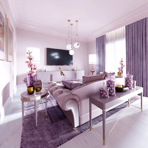 现代艺术装饰客厅的紫丁香色与时尚装潢家具 电视塔 控制台 杂志餐桌装饰 3D渲染 — 图库照片
