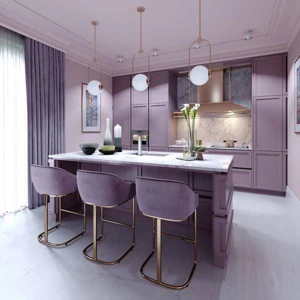 厨房柜台 三把紫丁香色椅子 时尚的现代室内风格 3D渲染 — 图库照片