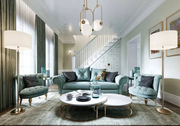 Luxurious fashionable living room with a soft sofa, an armchair, a TV unit and a console with decor and a beautiful floor lamp. Interior in mint colors. 3D rendering.