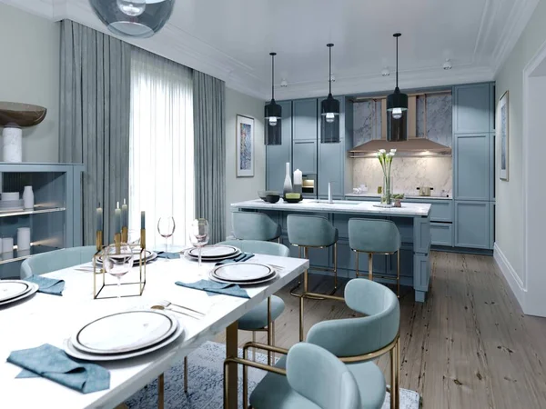 Moderna Cucina Alla Moda Con Mobili Color Corallo Sbiadito Azzurro — Foto Stock