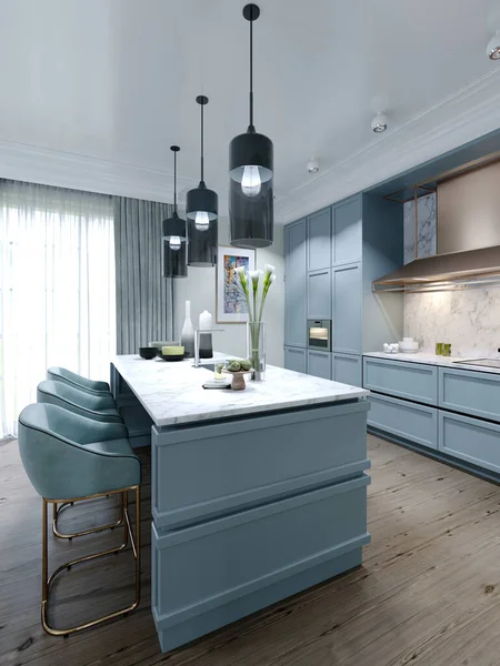 Cozinha Moderna Moda Com Luz Azul Desbotada Coral Cor Móveis — Fotografia de Stock
