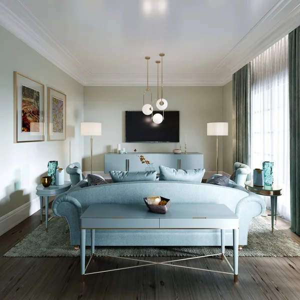 Luxusní Módní Obývací Pokoj Měkkou Pohovkou Křeslem Jednotkou Konzolí Výzdobou — Stock fotografie