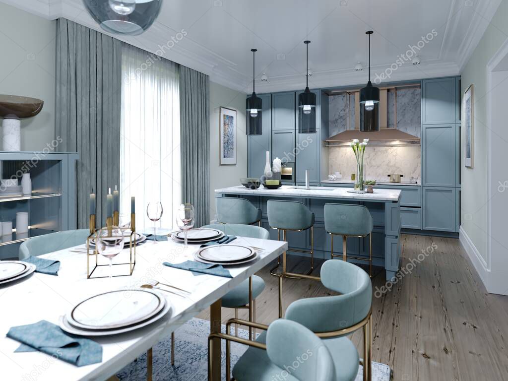 Modern trendy kitchen with light blue faded coral color furniture. 3D rendering.