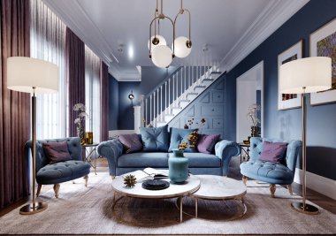 Sanat deco tarzında lüks bir oturma odası. Modaya uygun bir tasarım. Mavi, kahverengi, bordo renkli. 3B görüntüleme.