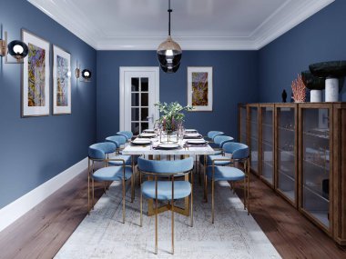 Büyük bir yemek ve yemek masası, modern tasarımlı bir mutfak, ahşap mobilyalar, kahverengi ve mavi iç döşemeler. 3B görüntüleme.