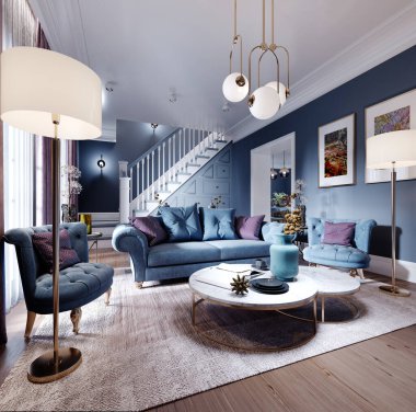 Sanat deco tarzında lüks bir oturma odası. Modaya uygun bir tasarım. Mavi, kahverengi, bordo renkli. 3B görüntüleme.