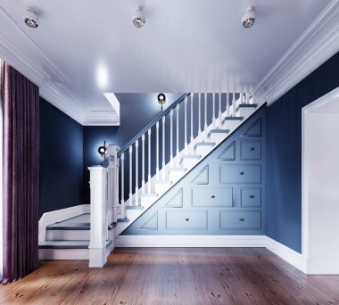 White stairs with railings to the second floor, lockers under the stairs, blue walls. 3D rendering. clipart