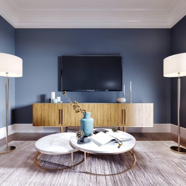 Oturma odasında modaya uygun TV seti. 3B görüntüleme