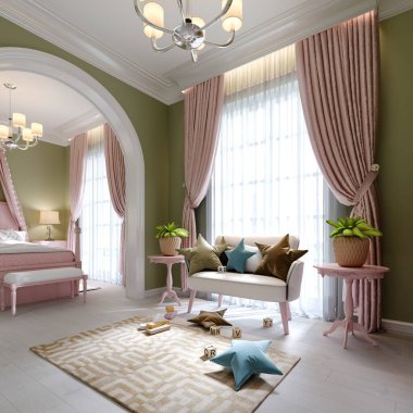 Fıstıklı ve pembe renkli çocuk odası, iki bölge, bir yatak odası ve bir oyun alanı. 3B görüntüleme.