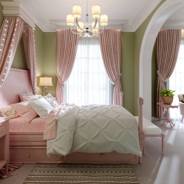 Geniş pembe yataklı ve aldohin kaplı çocuk odası, şam fıstığı renkli duvarlar. 3B görüntüleme.