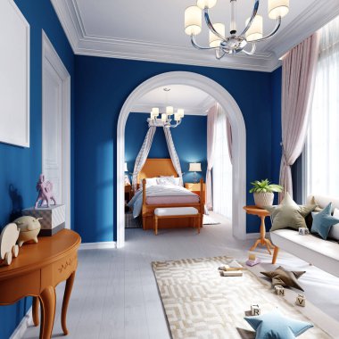 Çocukların yatak odası ve oyun alanı mavi, turuncu ve beyaz. 3B görüntüleme.