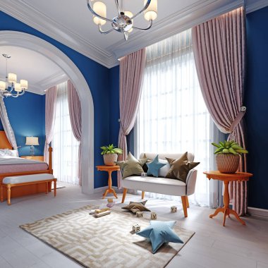 Çocukların yatak odası ve oyun alanı mavi, turuncu ve beyaz. 3B görüntüleme.