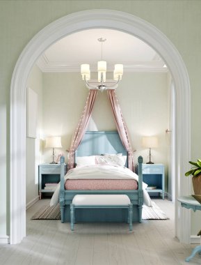 Geniş bir yatağı, geniş bir penceresi, kitaplı komodinleri, yatağın üstünde bir gölgeliği olan çocuk odası, iç rengi şam fıstığı, mavi, pembe, soluk mercan. 3B görüntüleme.