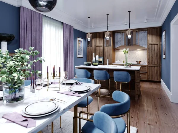 大餐桌和饭桌 有一个时尚现代设计的厨房 木制家具 内饰褐色和蓝色 3D渲染 — 图库照片
