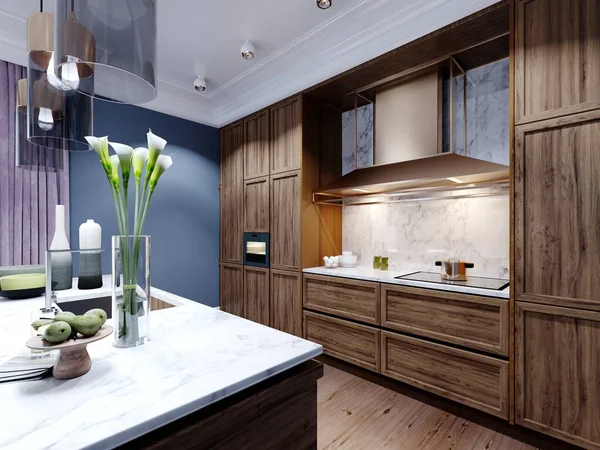 大理石の作業面を持つ島とファッショナブルなデザイナーキッチン 青と茶色の色のキッチン 木製の家具 3Dレンダリング — ストック写真