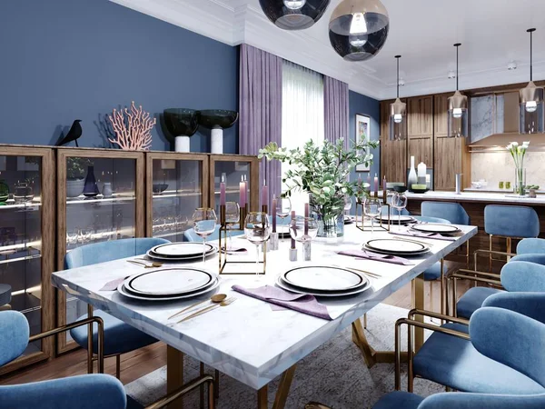 Amplia Mesa Comedor Comedor Con Una Cocina Diseño Moderno Moda — Foto de Stock