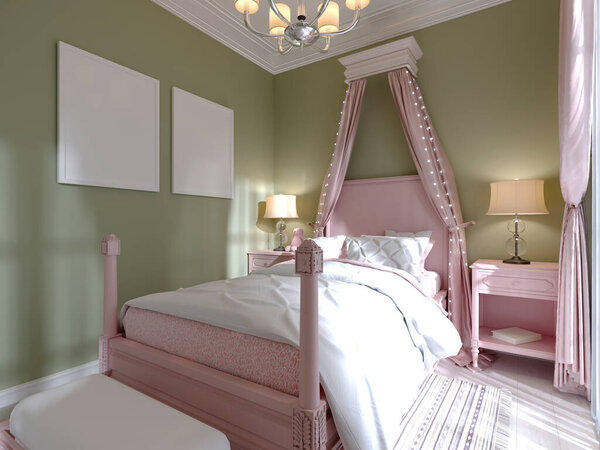 Childrens bedroom with a large pink bed and aldohin over, pistachio-colored walls. 3D rendering.