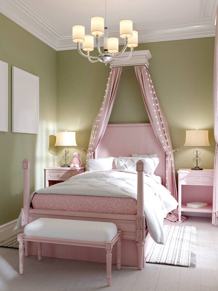 Childrens bedroom with a large pink bed and aldohin over, pistachio-colored walls. 3D rendering.