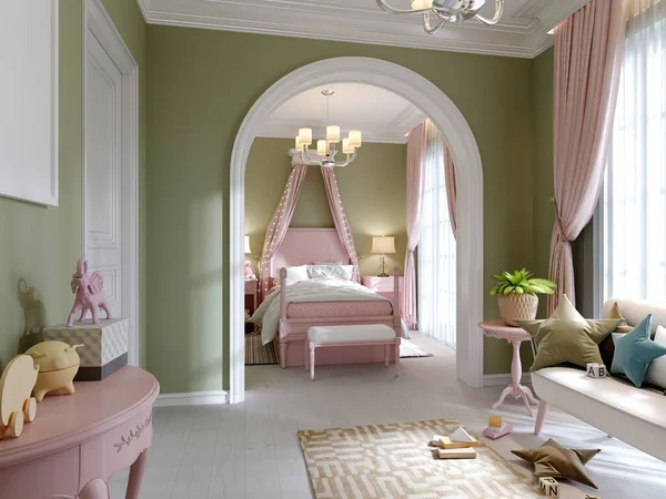 孩子们的房间有开心果色和粉色 有两个区域 一个卧室和一个游乐区 房间之间有拱门 3D渲染 — 图库照片