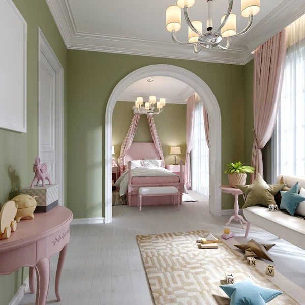 Habitación Infantil Color Pistacho Rosa Dos Zonas Dormitorio Una Zona — Foto de Stock