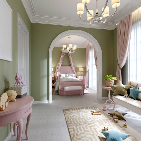 Childrens room in pistachio and pink color, two zones, a bedroom and a play area, an arch between the rooms. 3D rendering.