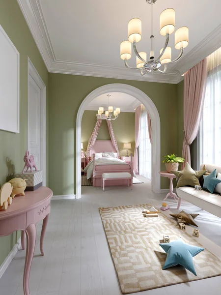 Childrens Room Pistachio Pink Color Two Zones Bedroom Play Area — Stock Photo, Image