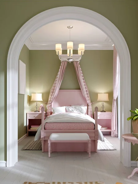 Childrens bedroom with a large pink bed and aldohin over, pistachio-colored walls. 3D rendering.