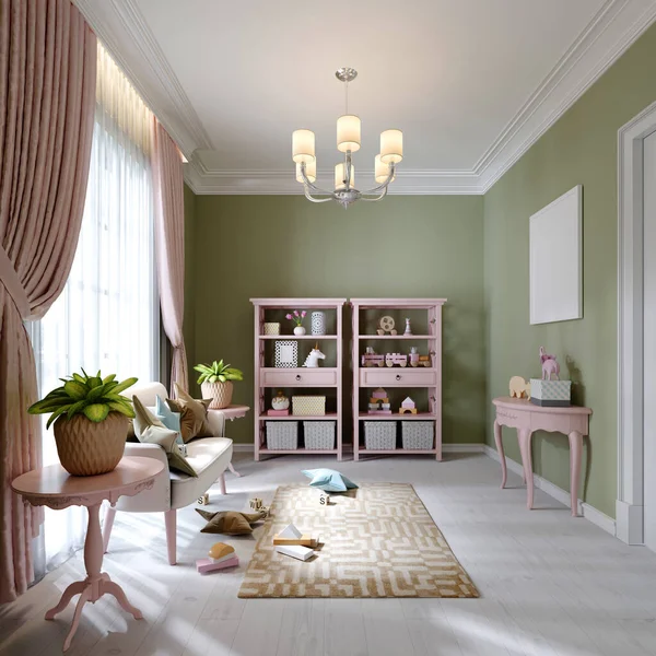 Playroom for a child with a white sofa and a pink rack with toys. 3D rendering.