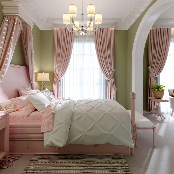 孩子们的卧室 有一张大的粉红色的床 上面有金黄色的墙壁 3D渲染 — 图库照片