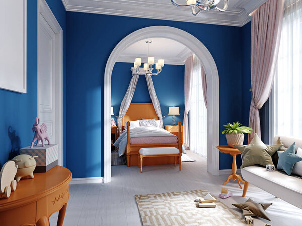 Childrens bedroom and play area in blue, orange and white. 3D rendering.