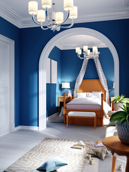 Childrens bedroom and play area in blue, orange and white. 3D rendering.