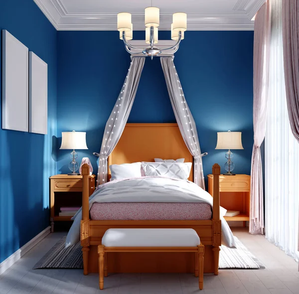 Design Children Bedroom Four Poster Bed Nightstands Table Lamps Blue — Stock Photo, Image