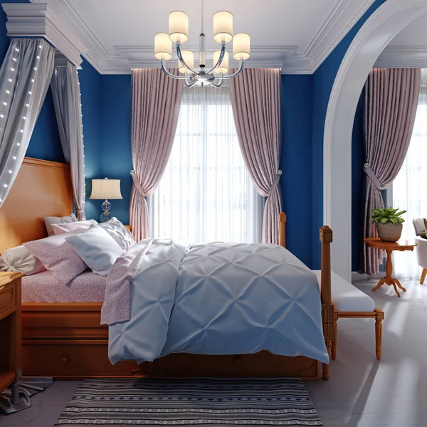 Дизайн Дитячої Спальні Чотиримісне Ліжко Тумби Настільними Лампами Синій Помаранчевий — стокове фото