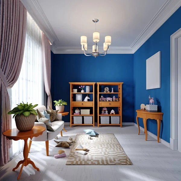 Diseño Una Sala Juegos Para Niño Pequeño Azul Blanco Naranja — Foto de Stock