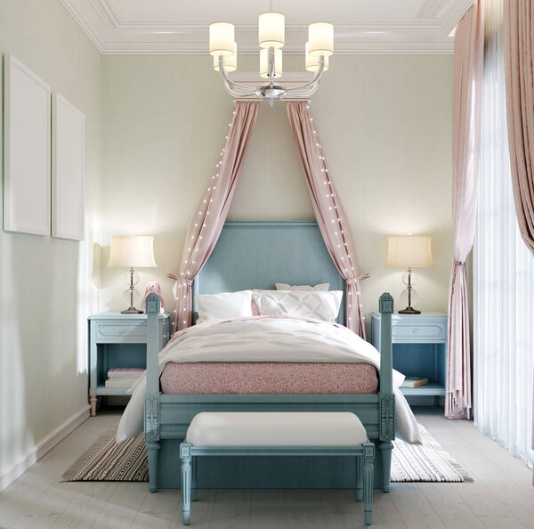 Children's bedroom with a large bed, a large window, bedside tables with books, a canopy above the bed, the interior color is pistachio, blue, pink, faded coral. 3D rendering.
