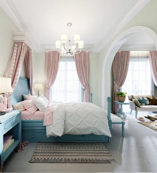 大きなベッド 大きな窓 本のあるベッドサイドテーブル ベッドの上の天蓋付きの子供の寝室は 内部の色は ピンク 色褪色サンゴピスタチオです 3Dレンダリング — ストック写真