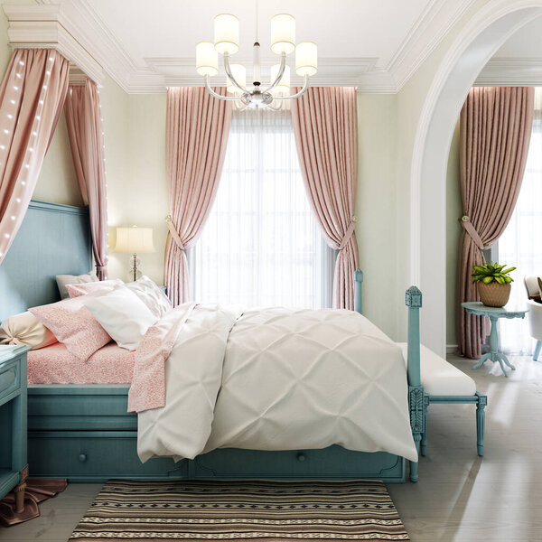 Children's bedroom with a large bed, a large window, bedside tables with books, a canopy above the bed, the interior color is pistachio, blue, pink, faded coral. 3D rendering.