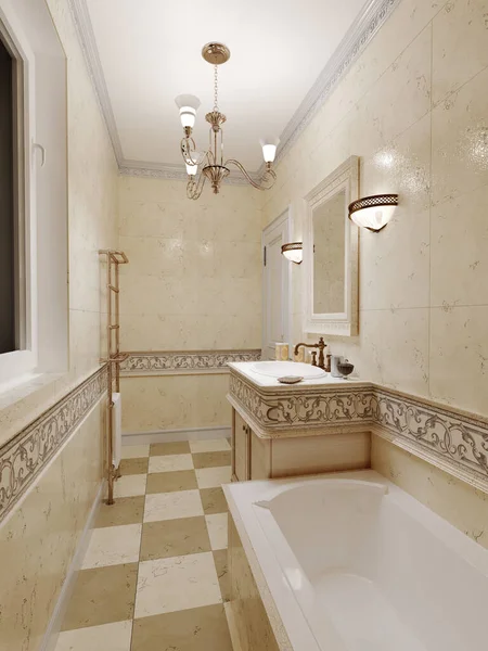 Bathroom Art Deco Style Beige Tiles Walls Ornament Bath Washbasin Stock Image