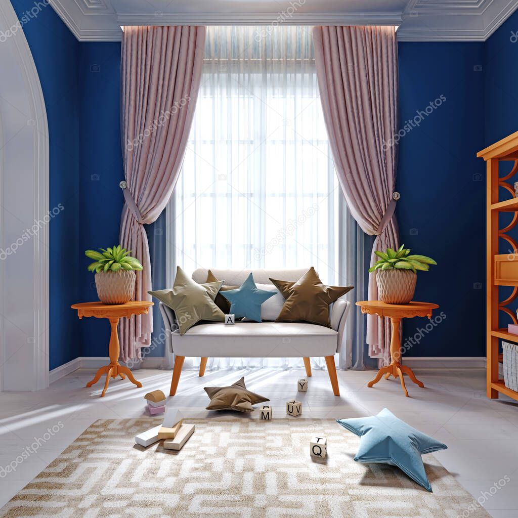Designer sofa with pillows and decor near the window in the children's room. Curtains, tables with a flowerpot. 3D rendering.