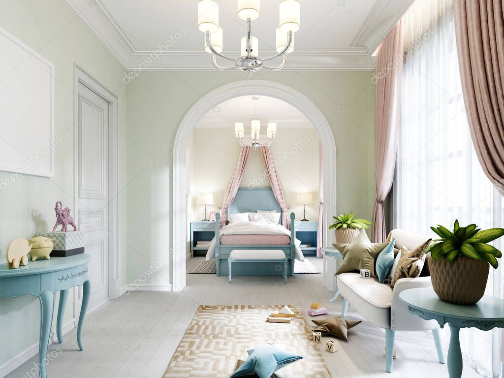 Childrens room with a bedroom and a play area, a classic bed in turquoise color, a sofa and shelving with toys, the walls are olive color. 3D rendering.