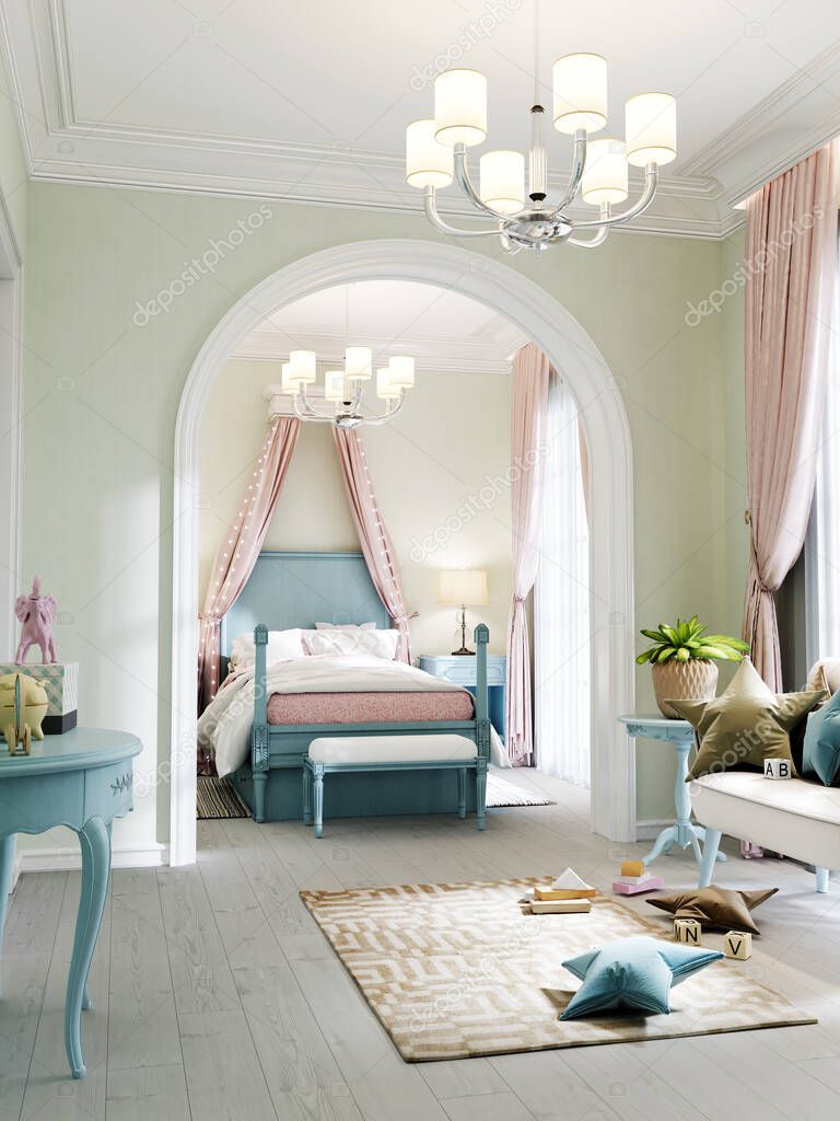 Childrens room with a bedroom and a play area, a classic bed in turquoise color, a sofa and shelving with toys, the walls are olive color. 3D rendering.