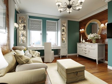 Yatak odası, kanepe yatağı ve pencerenin yanında bir masa beyaz mobilya ve mavi duvarlı Provence tarzı iç mekan. 3B görüntüleme