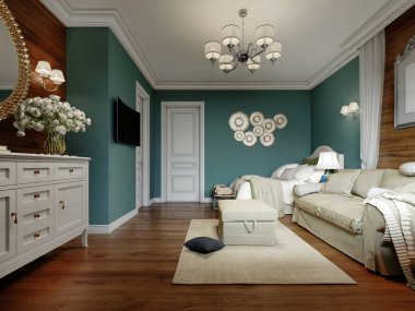 Yatak odası, kanepe yatağı ve pencerenin yanında bir masa beyaz mobilya ve mavi duvarlı Provence tarzı iç mekan. 3B görüntüleme