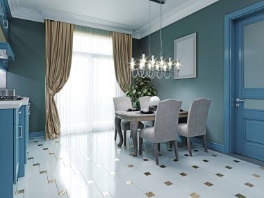 Yemek masası ve dört sandalyeli yemek odası. Tahta masa, yumuşak döşemeli ahşap sandalyeler, siyah tabaklar. Yeşil ve soluk çeyrek renk iç döşeme. 3B görüntüleme.