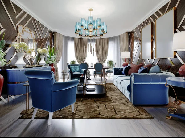 Luxurious luxury living room with wood paneling on the walls with gold accents, blue furniture, brown walls. 3D rendering
