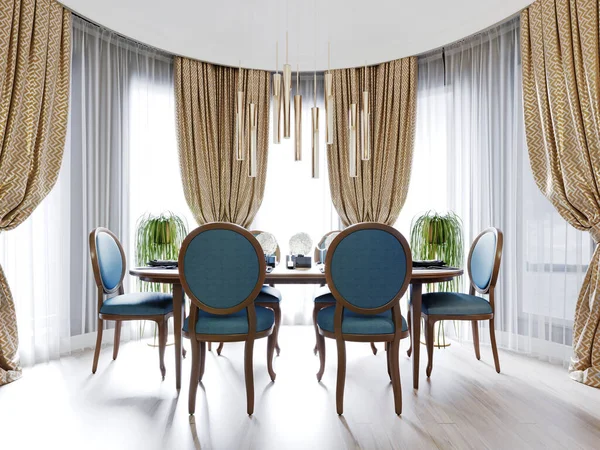 时尚的设计师餐厅 有6个人的餐桌 木制家具 蓝色室内装饰 一个有窗帘的大窗户 3D渲染 — 图库照片